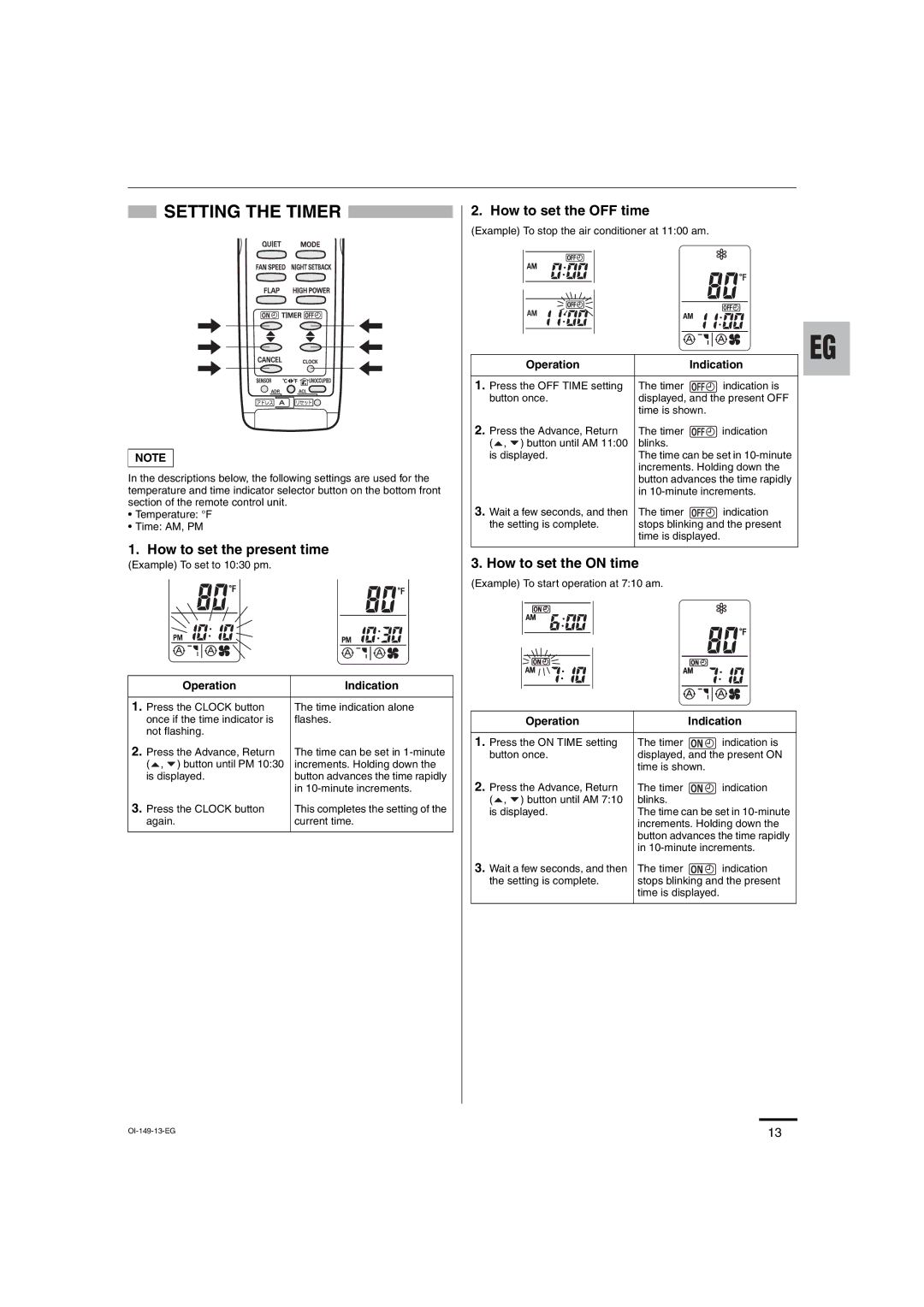 Sanyo KHS3682 + CH3682, KHS3082 + CH3082 service manual Setting the Timer, Operation Indication 