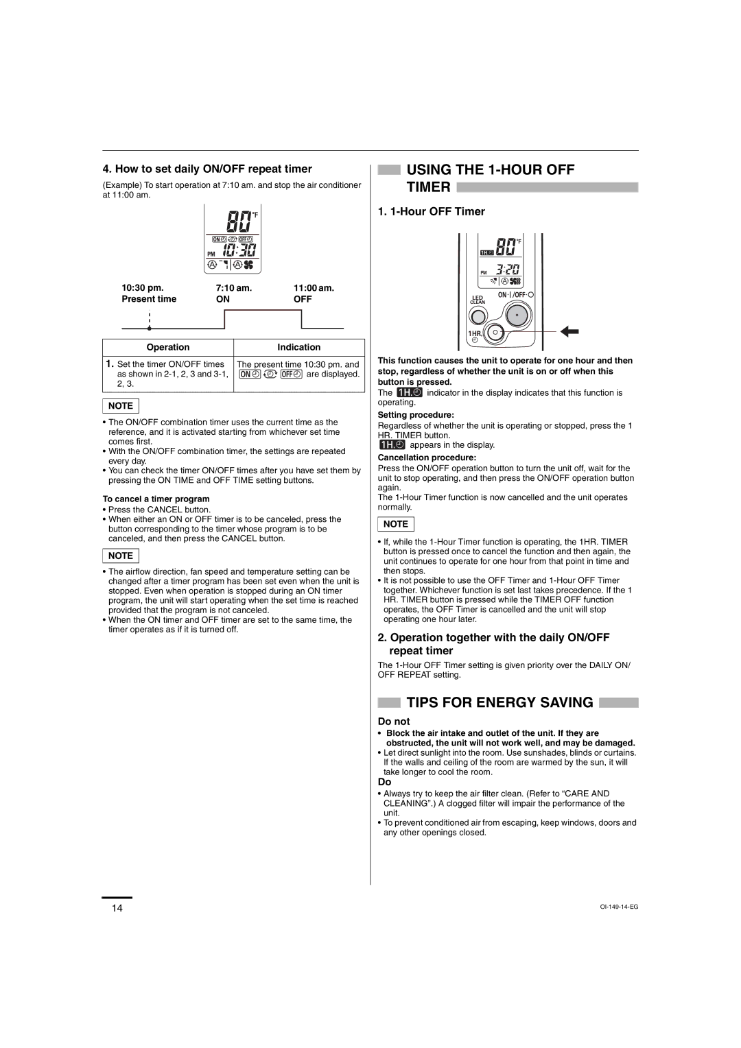 Sanyo KHS3682 + CH3682 Using the 1-HOUR OFF Timer, Tips for Energy Saving, Do not, 1030 pm 710 am 1100 am Present time 