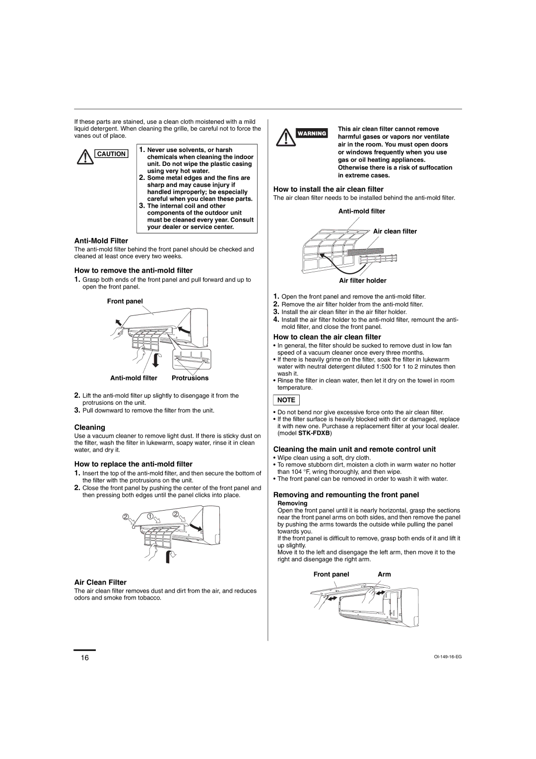 Sanyo CH3082, CH3682 service manual Air Clean Filter, How to install the air clean filter, How to clean the air clean filter 