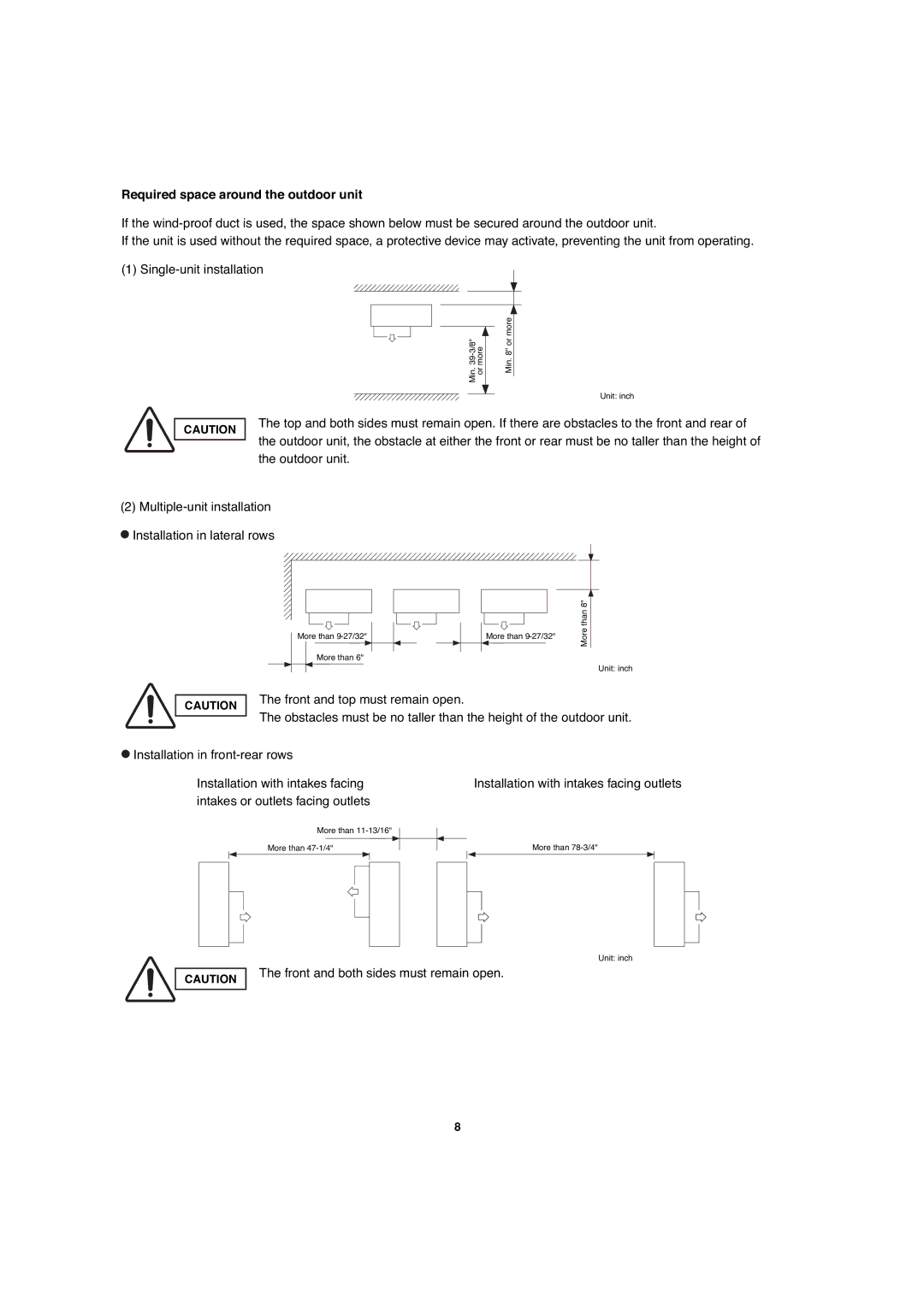 Sanyo KHS3682 + CH3682, CH3082 Required space around the outdoor unit, Installation with intakes facing outlets 