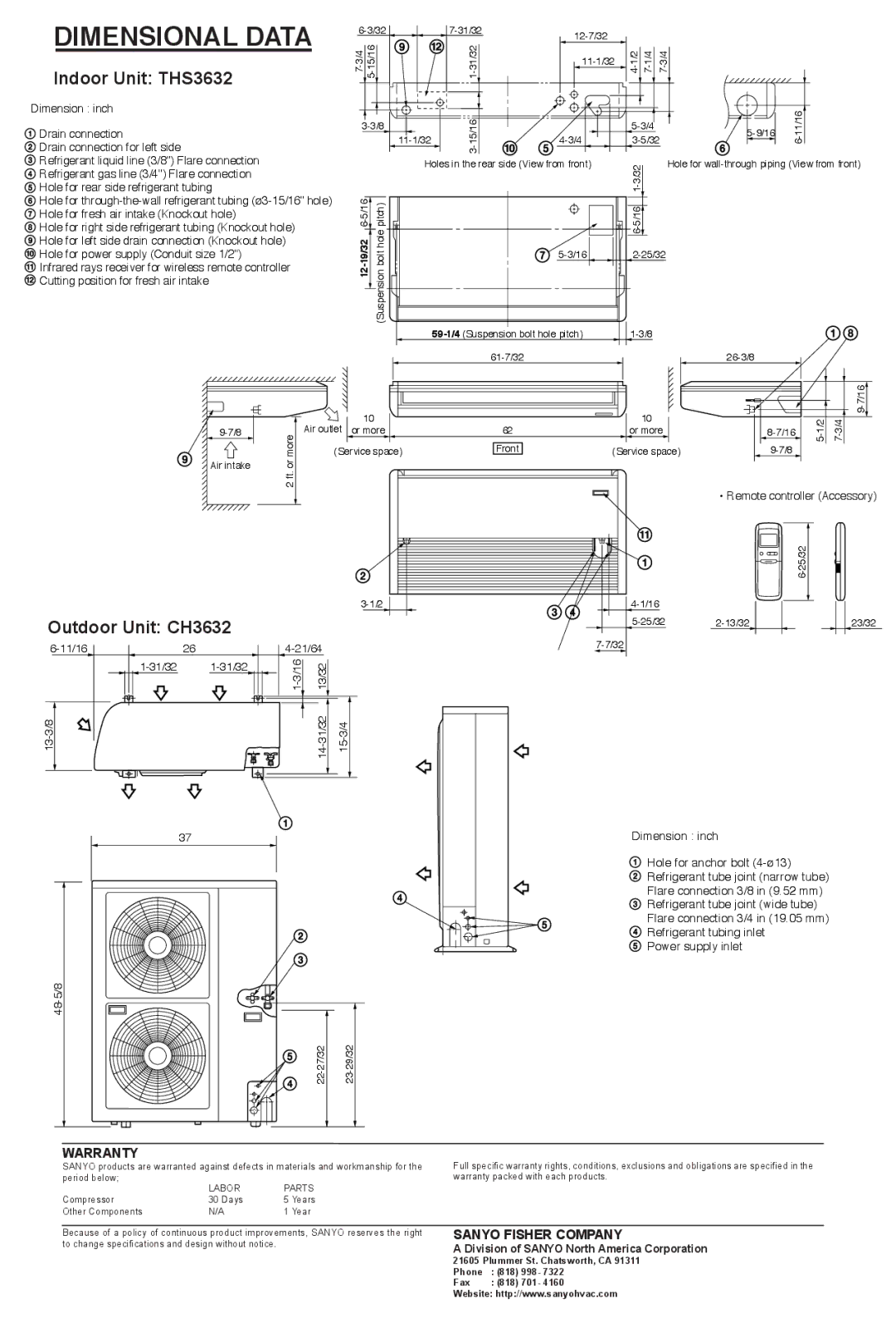 Sanyo warranty Indoor Unit THS3632, Outdoor Unit CH3632, Warranty, Sanyo Fisher Company 