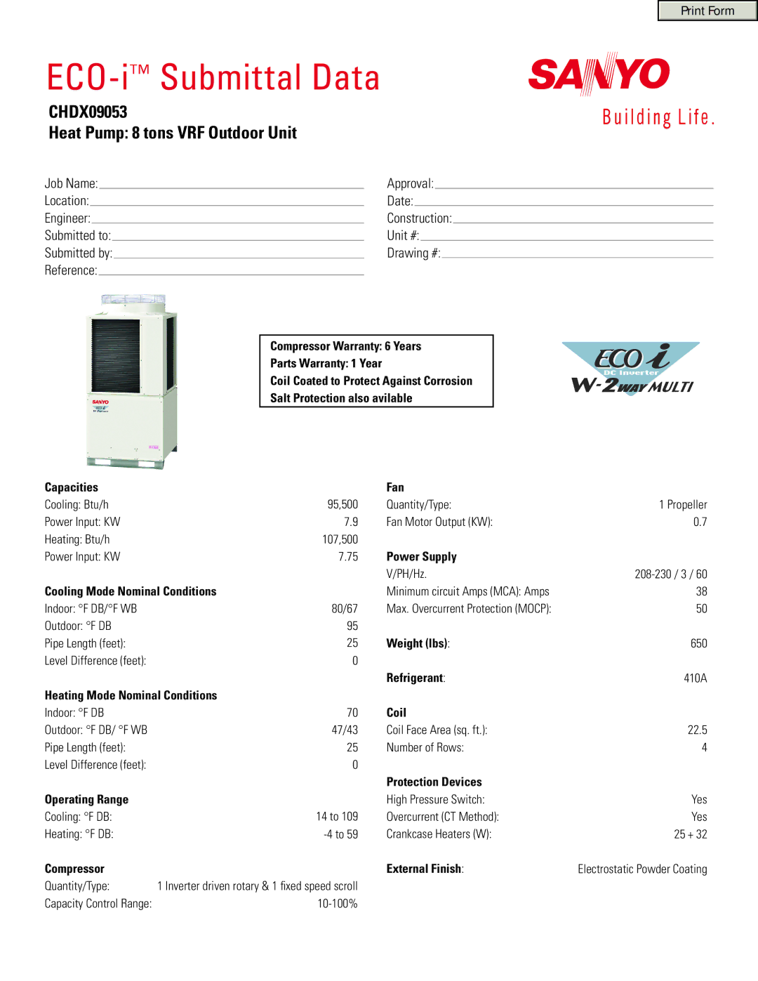 Sanyo warranty ECO-iSubmittal Data, CHDX09053 Heat Pump 8 tons VRF Outdoor Unit 