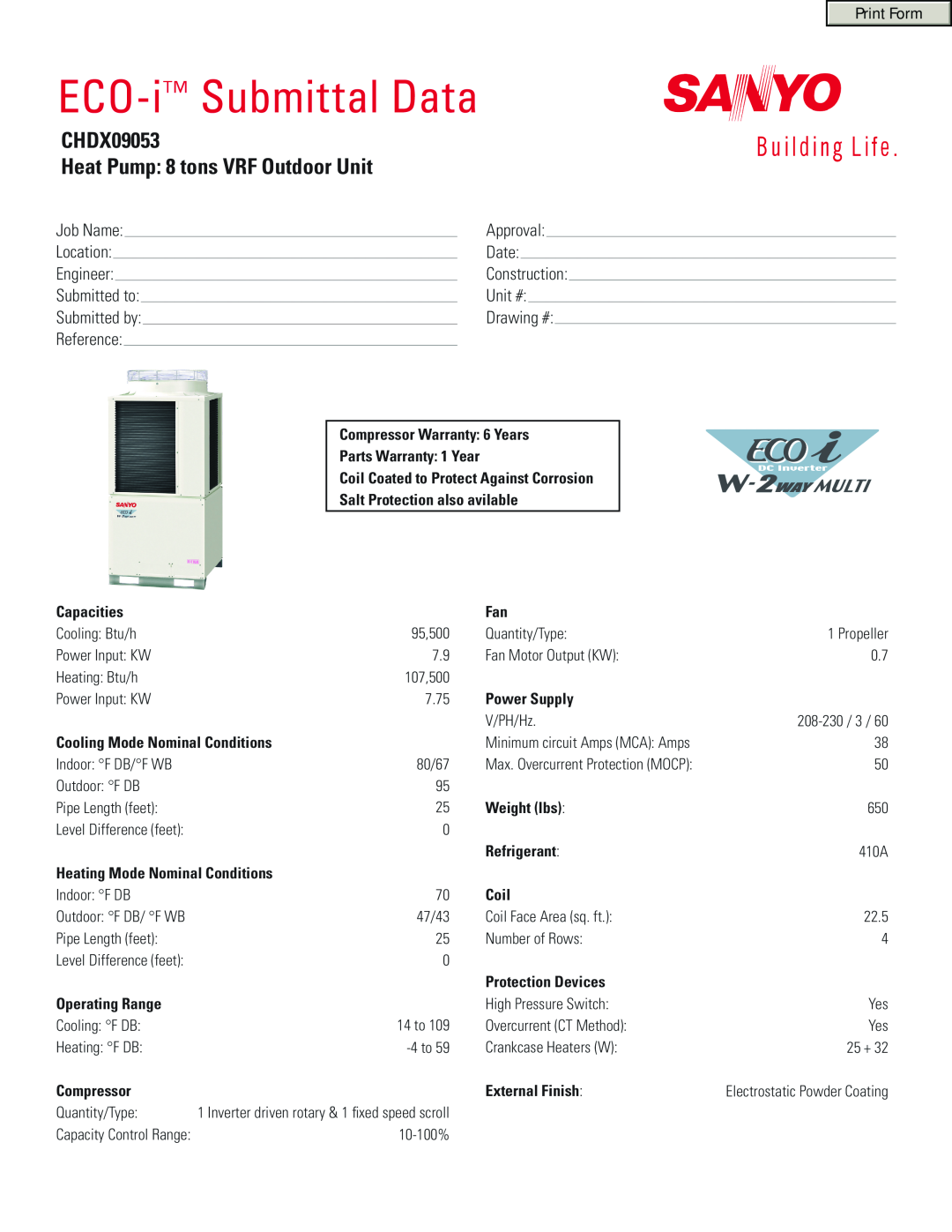 Sanyo warranty ECO-i Submittal Data, CHDX09053 Heat Pump 8 tons VRF Outdoor Unit 