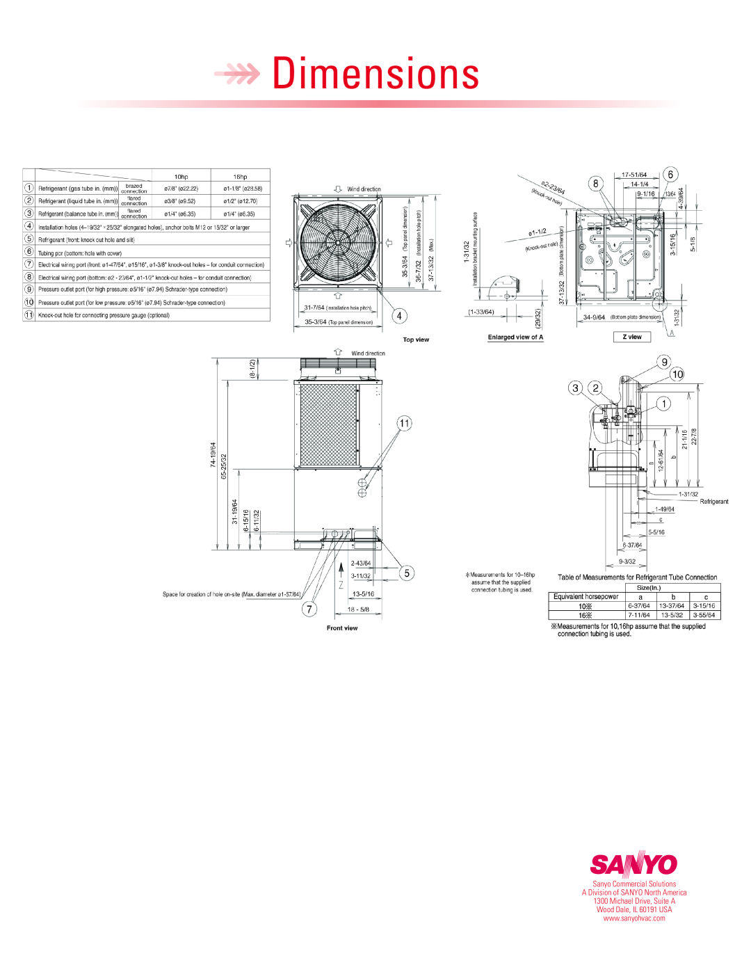 Sanyo CHDX09053 warranty Dimensions, Sanyo Commercial Solutions, A Division of SANYO North America, Michael Drive, Suite A 