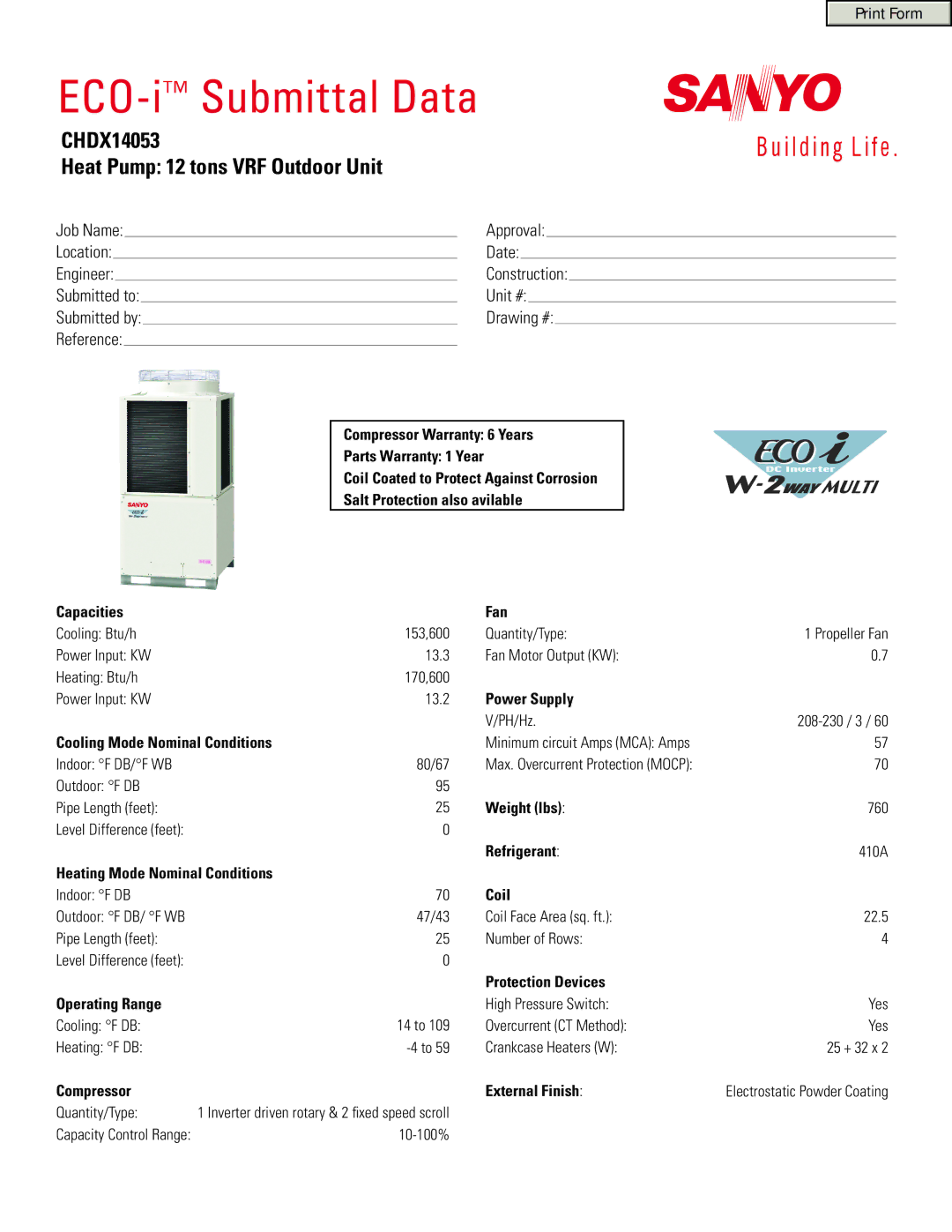 Sanyo warranty ECO-iSubmittal Data, CHDX14053 Heat Pump 12 tons VRF Outdoor Unit 