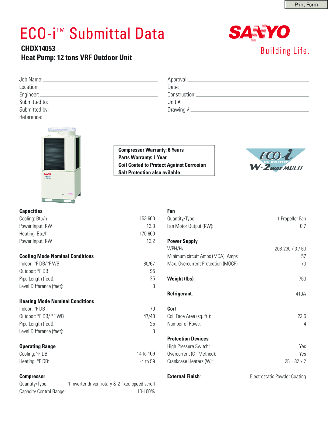 Sanyo warranty ECO-i Submittal Data, CHDX14053 Heat Pump 12 tons VRF Outdoor Unit 