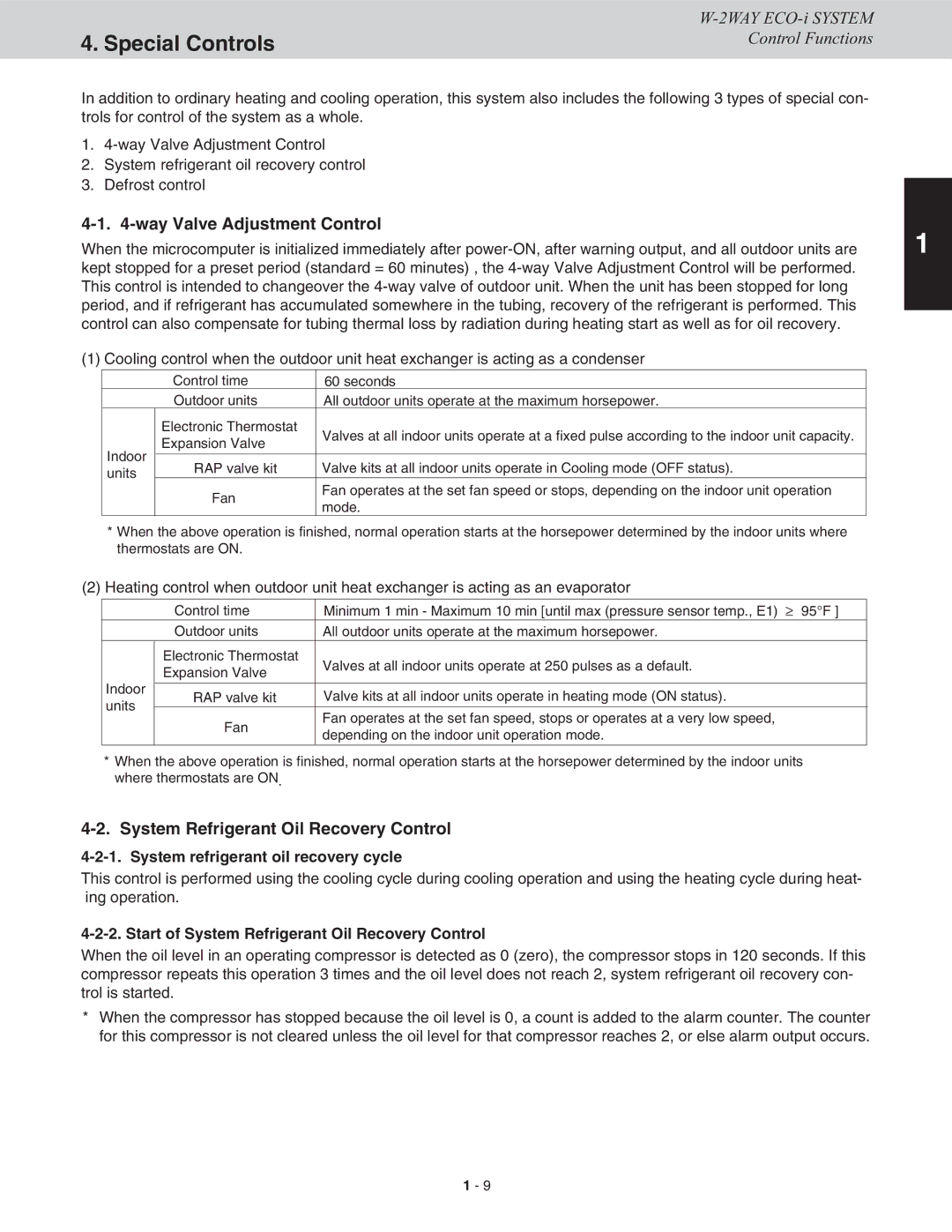 Sanyo CHDX09663, CHDXR07263 Special Controls, Way Valve Adjustment Control, System Refrigerant Oil Recovery Control 