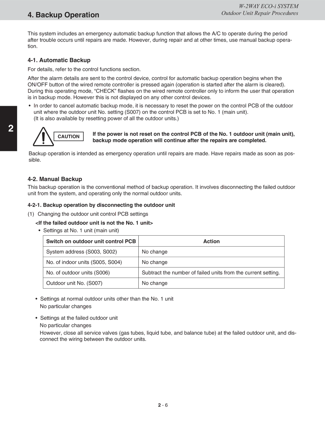 Sanyo CHDXR09663, CHDXR07263, CHDX09663, CHDX07263 Automatic Backup, Backup operation by disconnecting the outdoor unit 