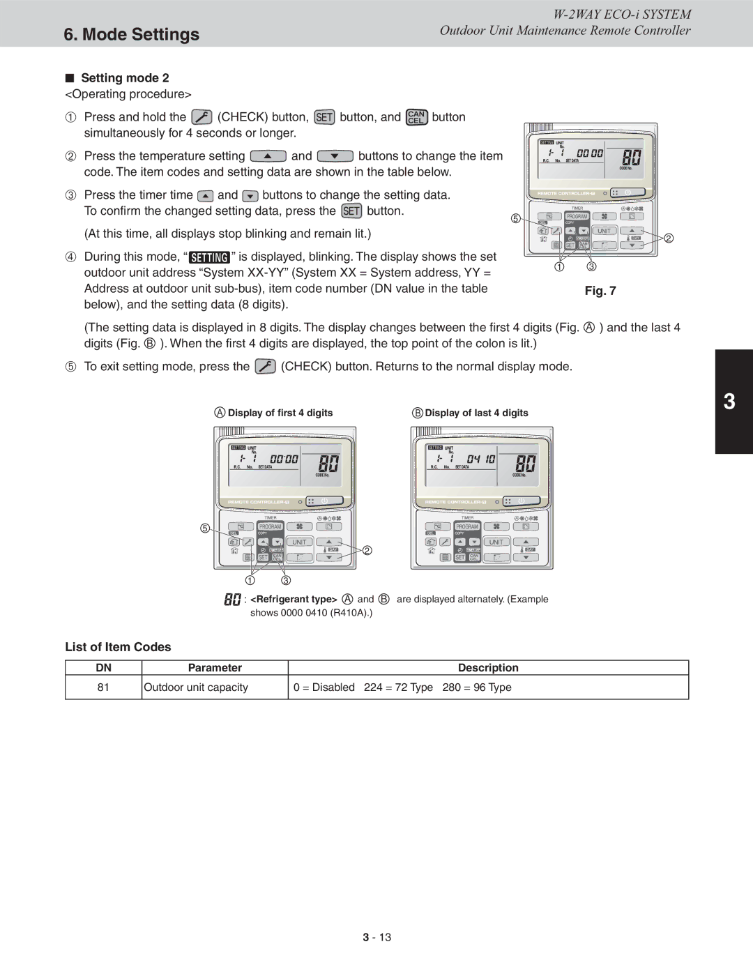 Sanyo CHDX09663, CHDXR07263, CHDXR09663, CHDX07263 service manual Setting mode 2 Operating procedure, List of Item Codes 