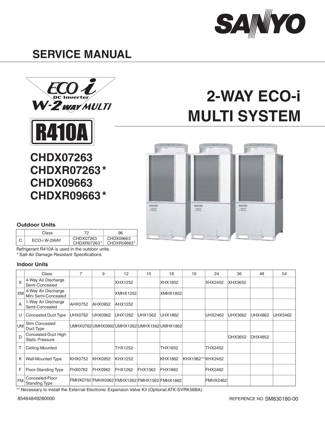 Sanyo CHDX09663, CHDXR09663, CHDX07263, CHDXR07263* service manual Outdoor Units, Indoor Units 