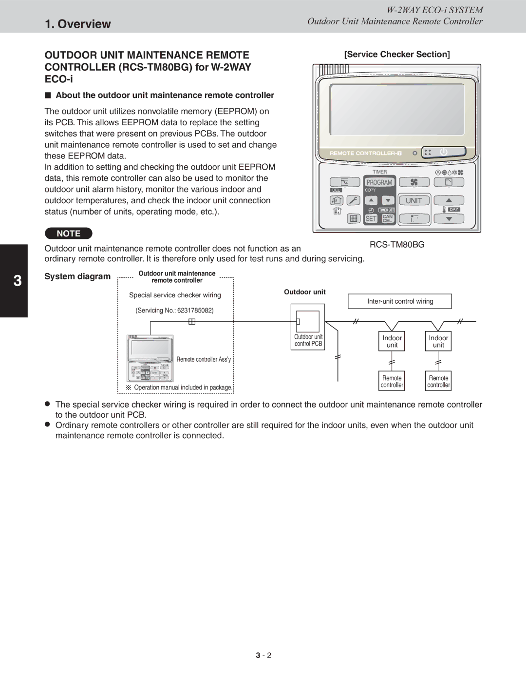 Sanyo CHDXR07263*, CHDXR09663 Overview, NN About the outdoor unit maintenance remote controller, Service Checker Section 