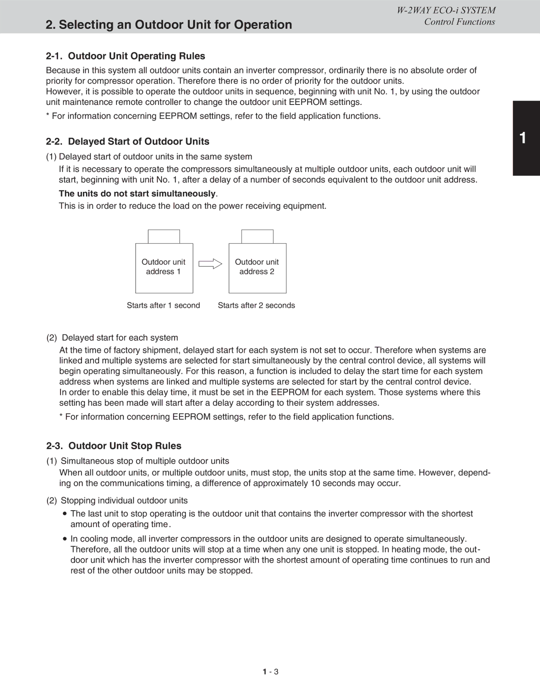 Sanyo CHDXR09663 Selecting an Outdoor Unit for Operation, Outdoor Unit Operating Rules, Delayed Start of Outdoor Units 