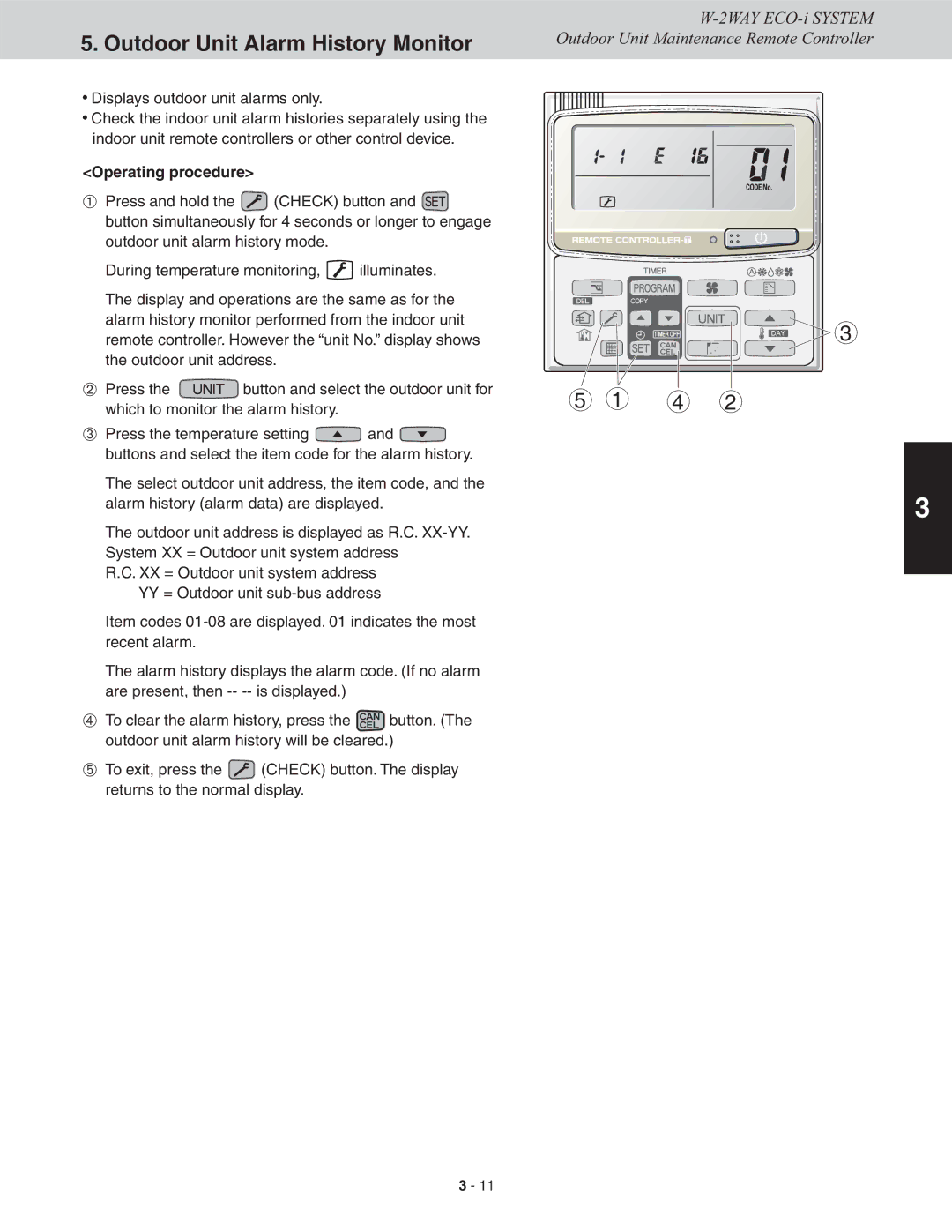 Sanyo CHDXR09663, CHDX09663, CHDX07263, CHDXR07263* service manual Outdoor Unit Alarm History Monitor, Operating procedure 