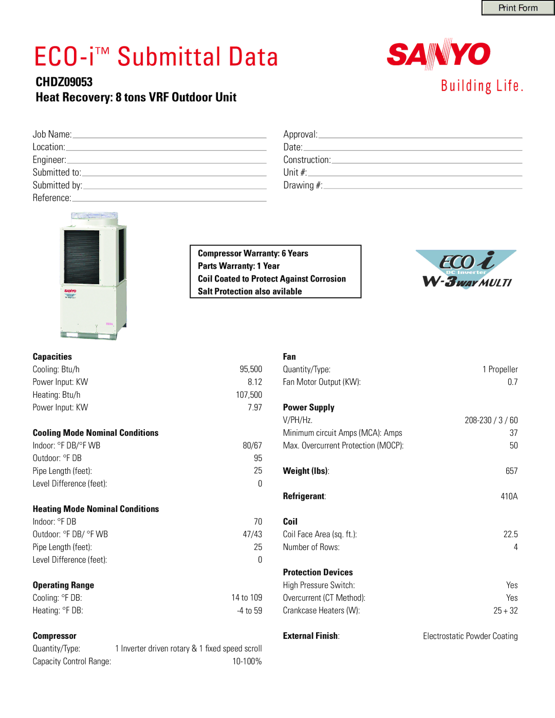 Sanyo warranty ECO-iSubmittal Data, CHDZ09053 Heat Recovery 8 tons VRF Outdoor Unit 