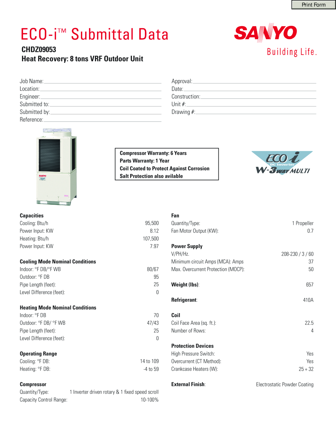 Sanyo warranty ECO-i Submittal Data, CHDZ09053 Heat Recovery 8 tons VRF Outdoor Unit 