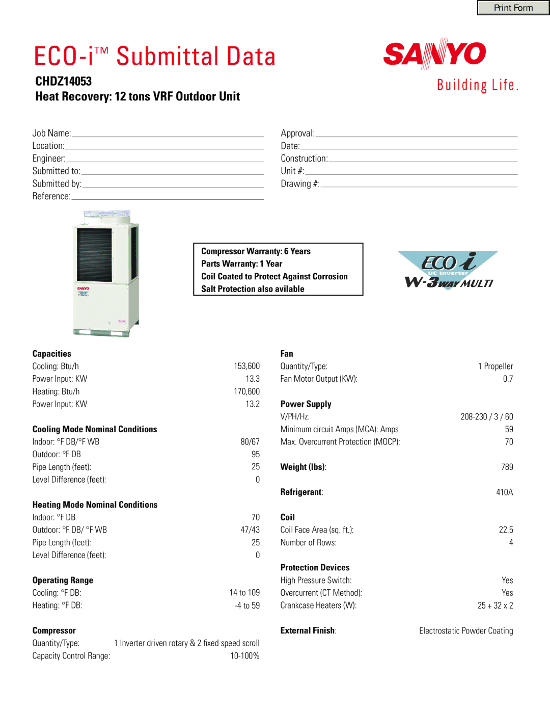 Sanyo warranty ECO-iSubmittal Data, CHDZ14053 Heat Recovery 12 tons VRF Outdoor Unit 