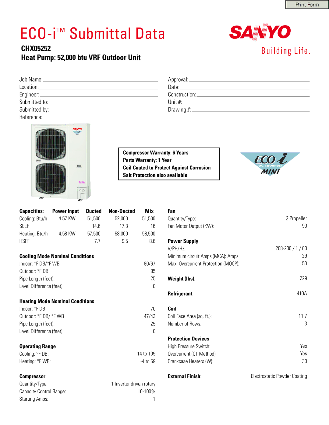 Sanyo warranty ECO-iSubmittal Data, CHX05252 Heat Pump 52,000 btu VRF Outdoor Unit 