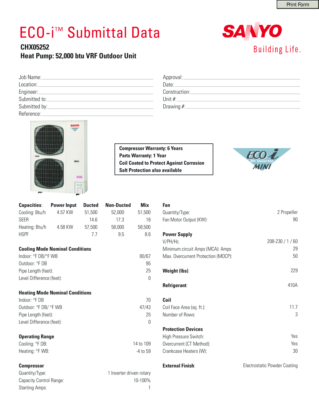 Sanyo warranty ECO-i Submittal Data, CHX05252 Heat Pump 52,000 btu VRF Outdoor Unit 