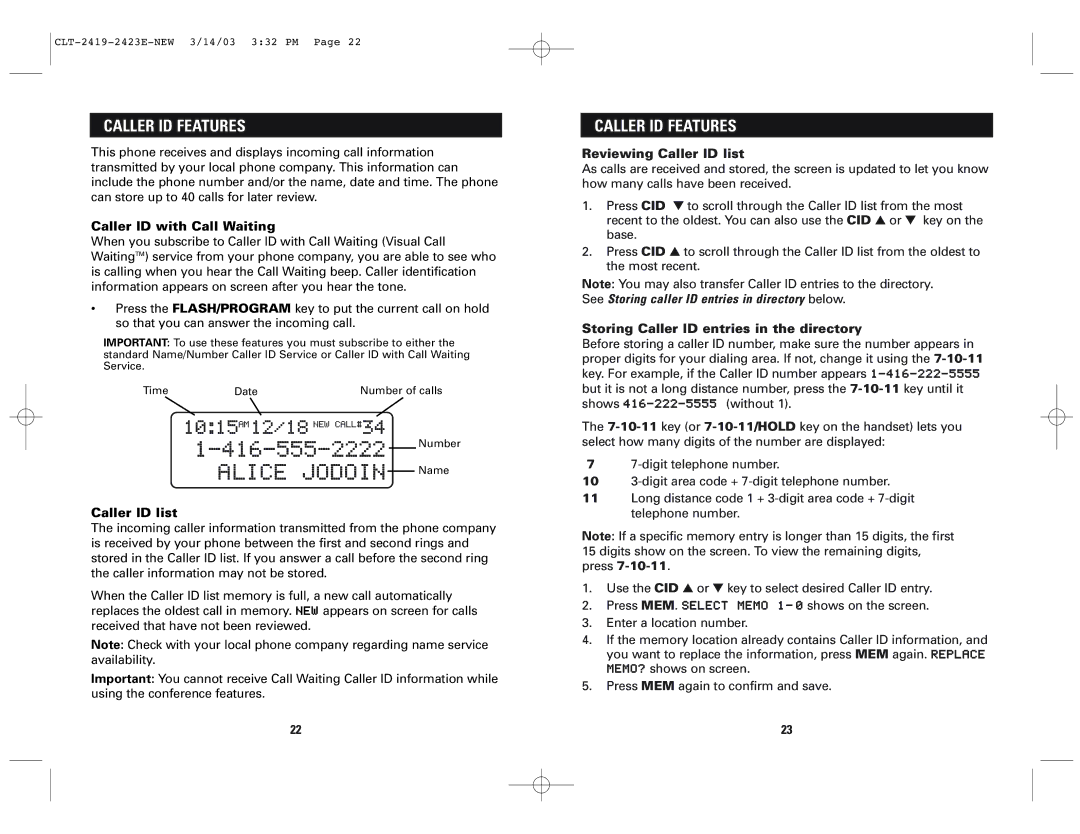 Sanyo CLT-2419, CLT-2423 instruction manual Caller ID Features, Caller ID with Call Waiting, Reviewing Caller ID list 