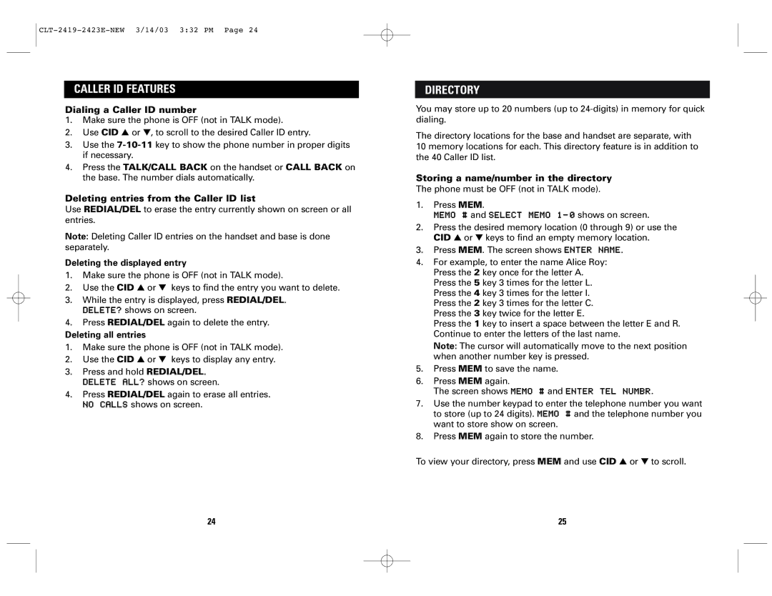 Sanyo CLT-2423, CLT-2419 instruction manual Directory, Dialing a Caller ID number, Deleting entries from the Caller ID list 