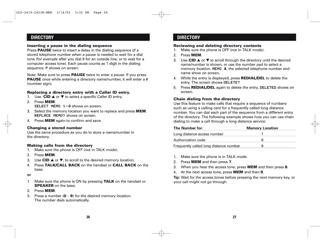Sanyo CLT-2419, CLT-2423 Inserting a pause in the dialing sequence, Replacing a directory entry with a Caller ID entry 