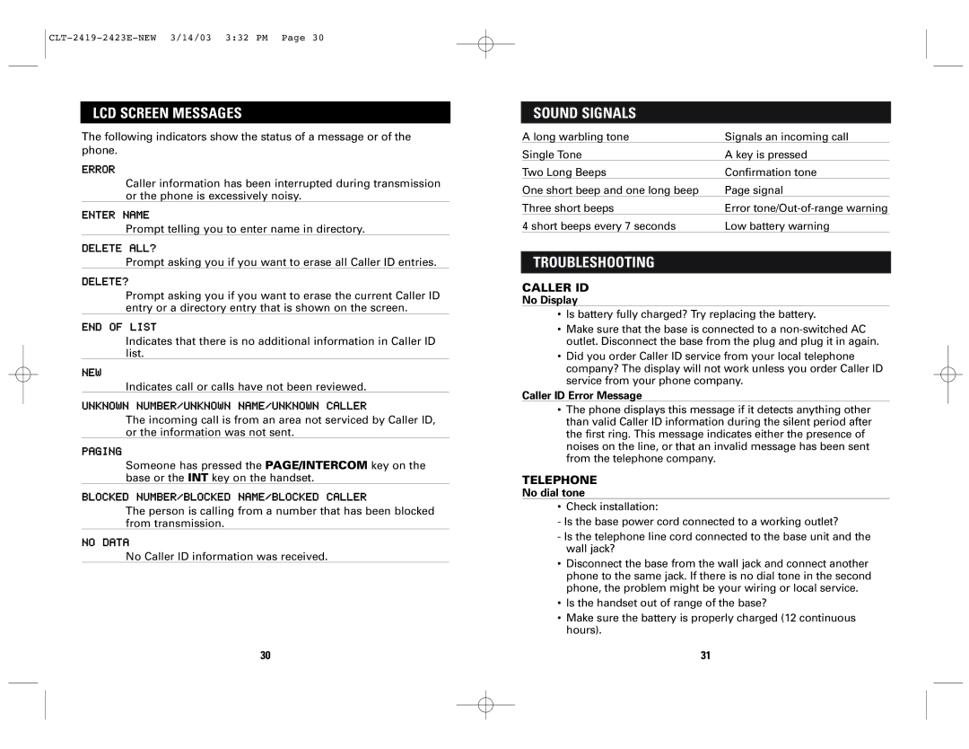 Sanyo CLT-2419, CLT-2423 instruction manual LCD Screen Messages, Sound Signals, Troubleshooting 