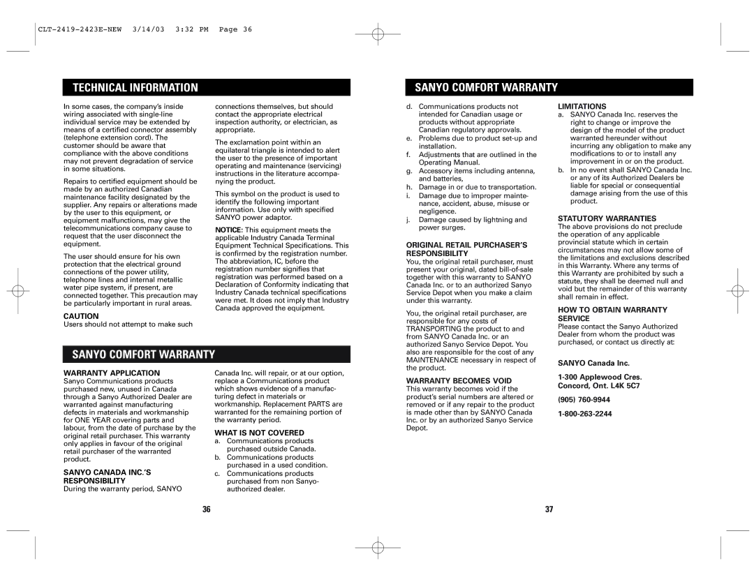 Sanyo CLT-2423, CLT-2419 Technical Information Sanyo Comfort Warranty, Original Retail PURCHASER’S Responsibility 