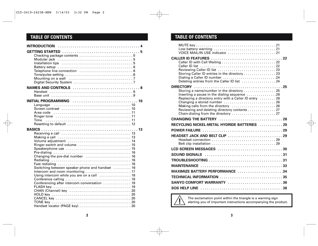 Sanyo CLT-2419, CLT-2423 instruction manual Table of Contents 