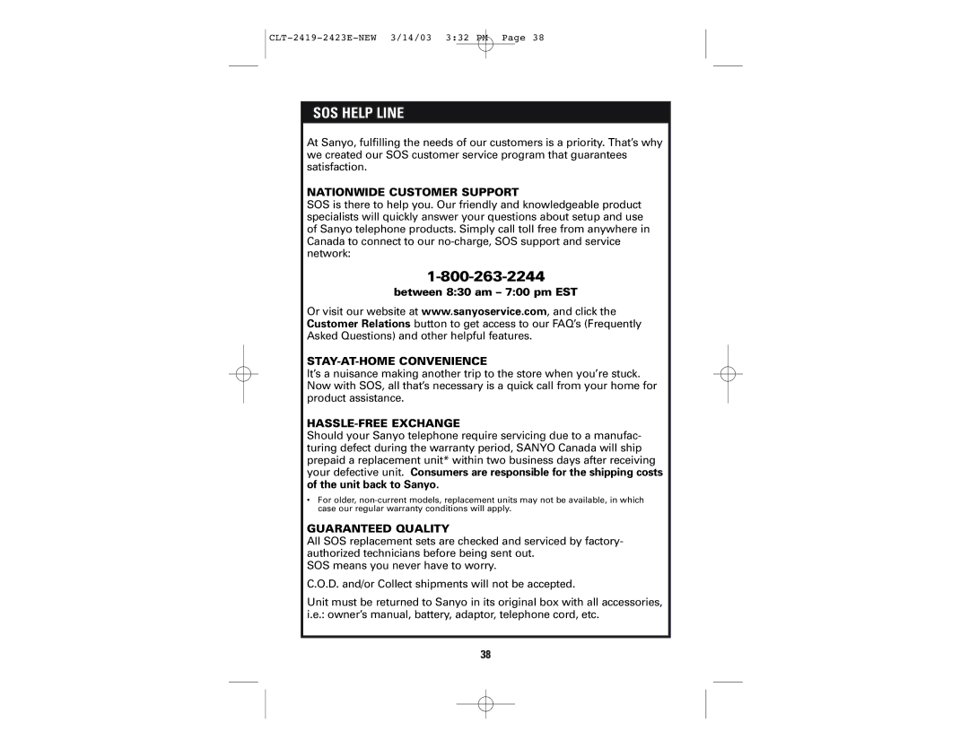 Sanyo CLT-2419, CLT-2423 instruction manual SOS Help Line, Between 830 am 700 pm EST 