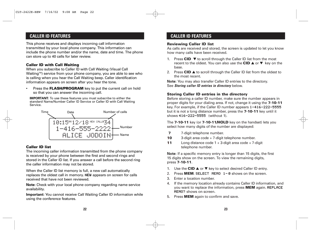 Sanyo CLT-2422, CLT-2418 instruction manual Caller ID Features, Caller ID with Call Waiting, Reviewing Caller ID list 