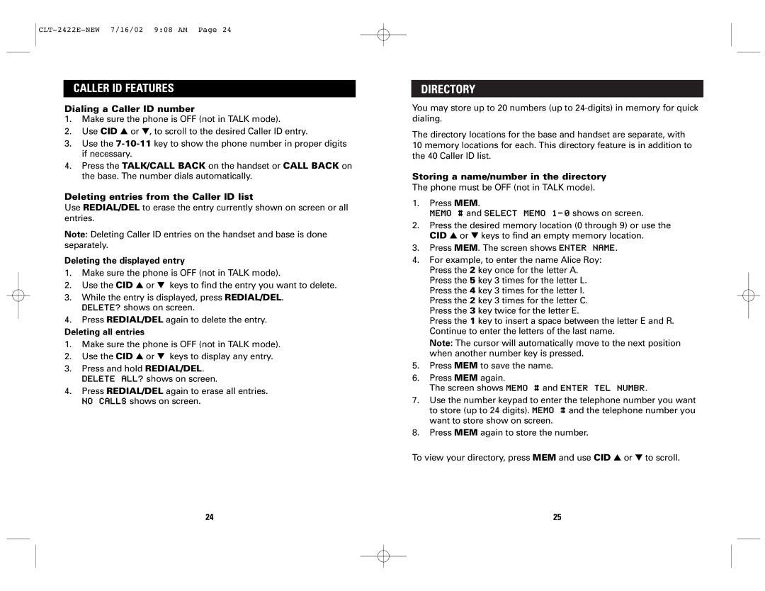 Sanyo CLT-2418, CLT-2422 instruction manual Directory, Dialing a Caller ID number, Deleting entries from the Caller ID list 