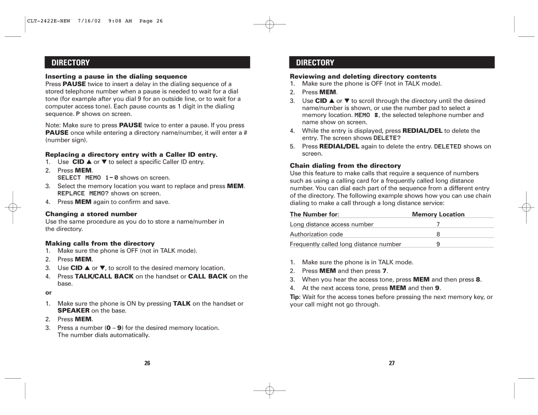 Sanyo CLT-2422, CLT-2418 Inserting a pause in the dialing sequence, Replacing a directory entry with a Caller ID entry 