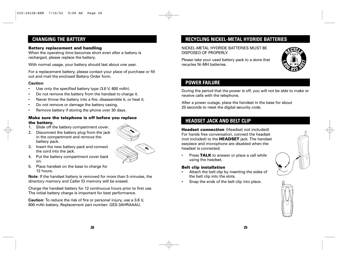 Sanyo CLT-2418 Changing the Battery, Recycling NICKEL-METAL Hydride Batteries, Power Failure, Headset Jack and Belt Clip 