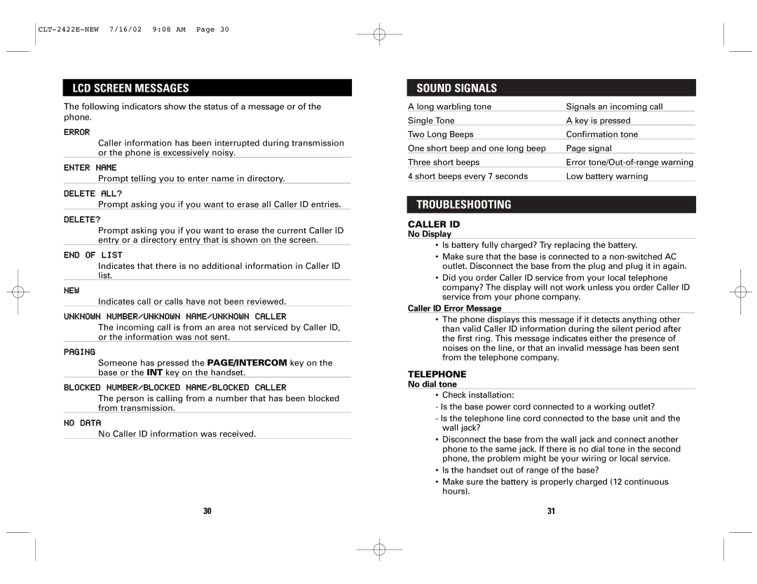 Sanyo CLT-2422, CLT-2418 instruction manual LCD Screen Messages, Sound Signals, Troubleshooting 