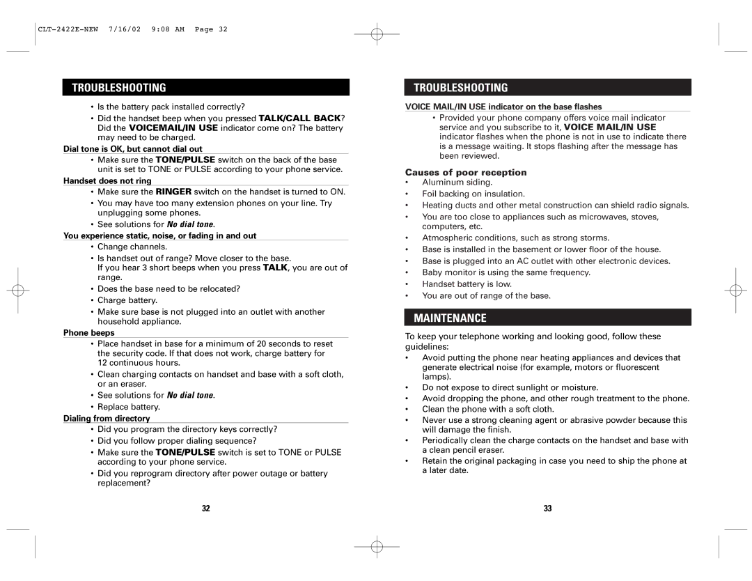 Sanyo CLT-2418, CLT-2422 instruction manual Maintenance, Causes of poor reception 