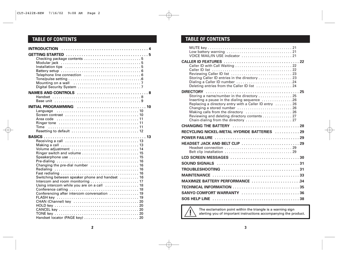 Sanyo CLT-2422, CLT-2418 instruction manual Table of Contents 