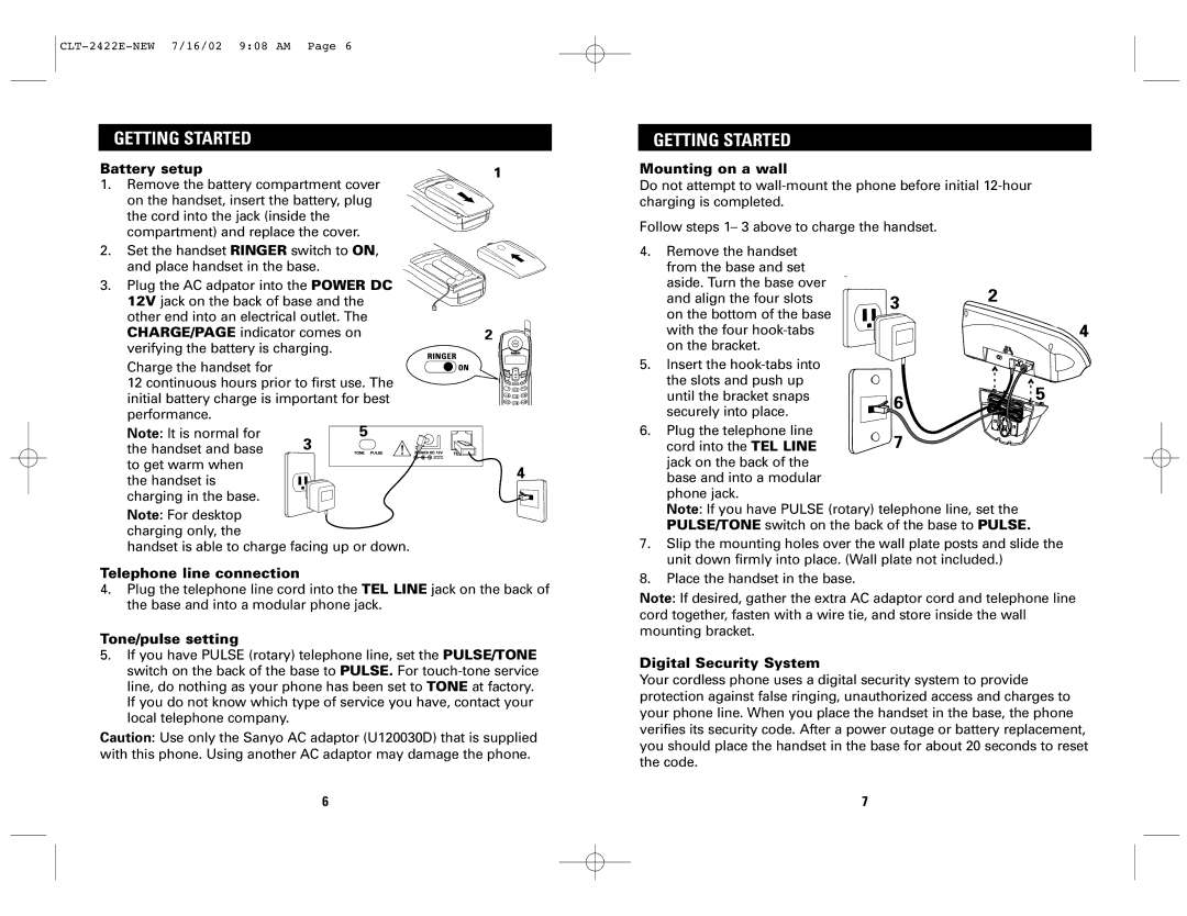 Sanyo CLT-2422 Battery setup, Telephone line connection, Tone/pulse setting, Mounting on a wall, Digital Security System 