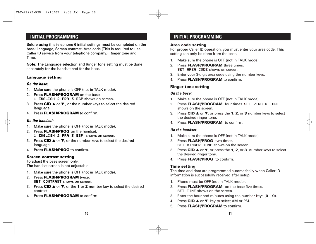 Sanyo CLT-2422, CLT-2418 instruction manual Initial Programming, On the base, On the handset 