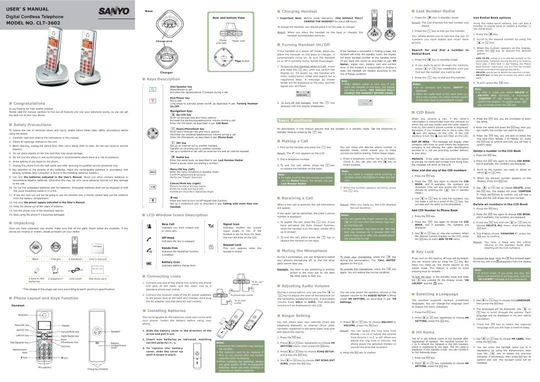 Sanyo CLT-3602 user manual Charging Handset, Last Number Redial, Congratulations, Keys Description, Turning Handset On/Off 