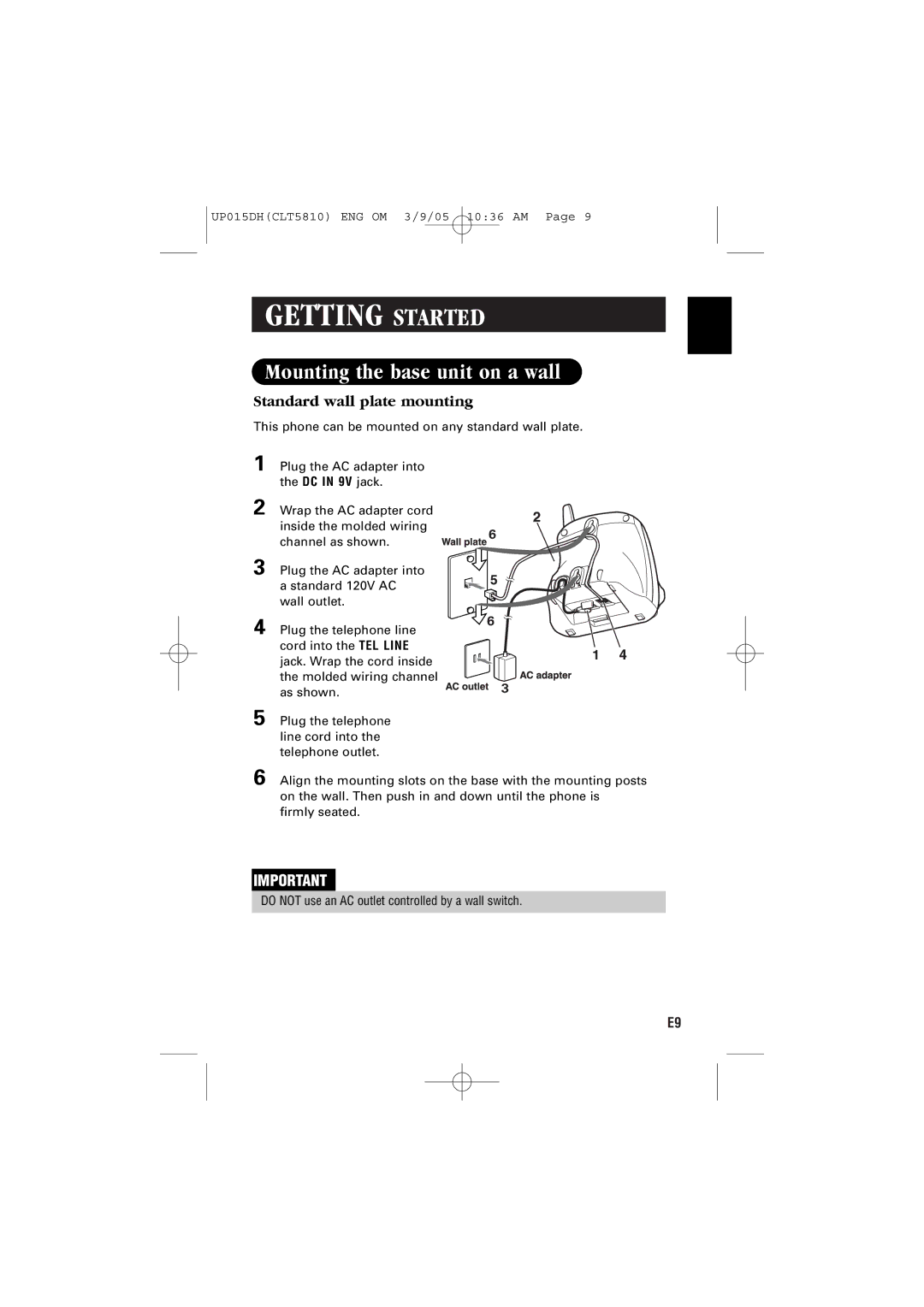 Sanyo CLT-5810 instruction manual Mounting the base unit on a wall, Standard wall plate mounting 