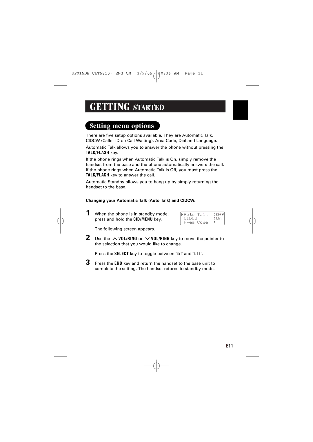 Sanyo CLT-5810 instruction manual Setting menu options, Changing your Automatic Talk Auto Talk and Cidcw 