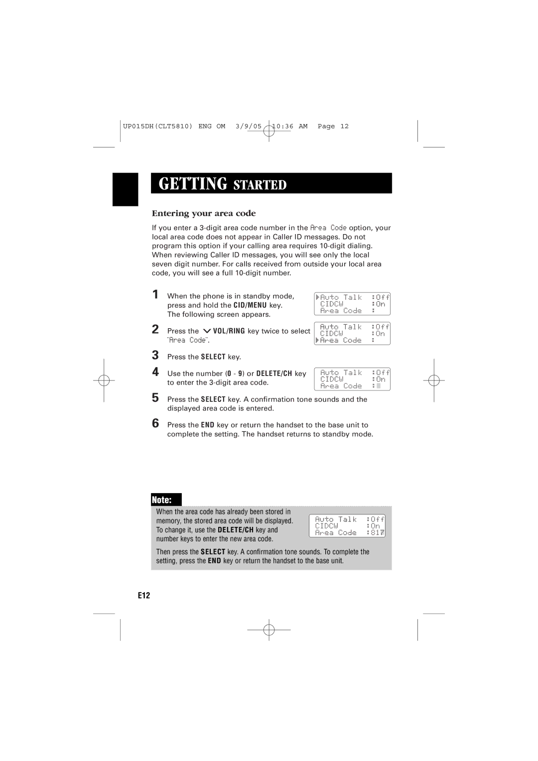 Sanyo CLT-5810 instruction manual Entering your area code 