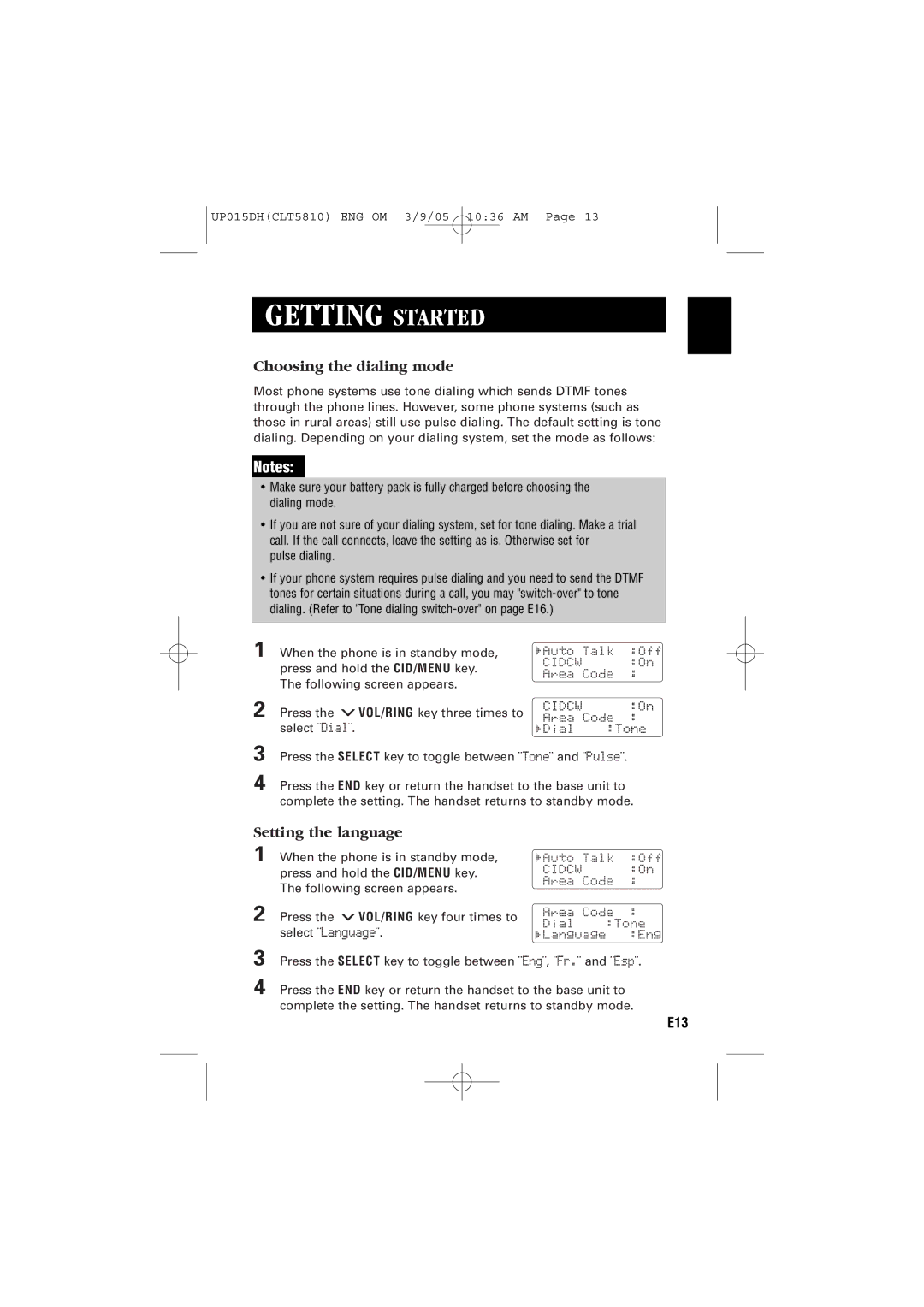 Sanyo CLT-5810 instruction manual Choosing the dialing mode, Setting the language 