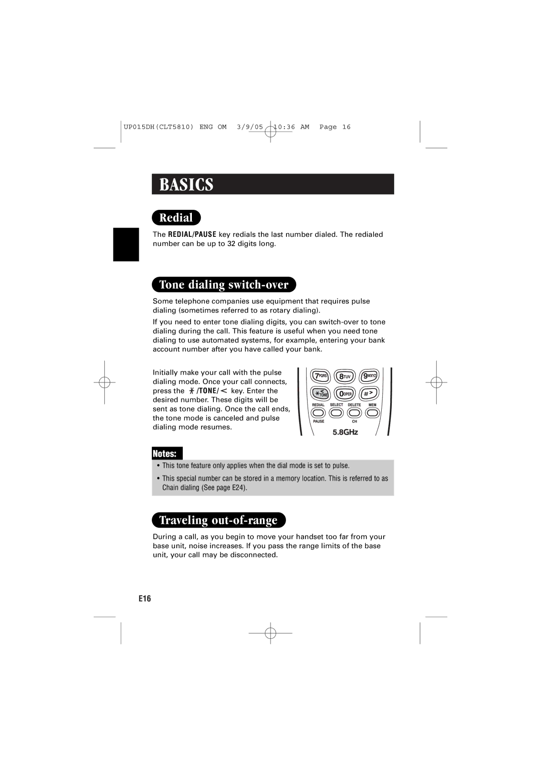 Sanyo CLT-5810 instruction manual Redial, Tone dialing switch-over, Traveling out-of-range 