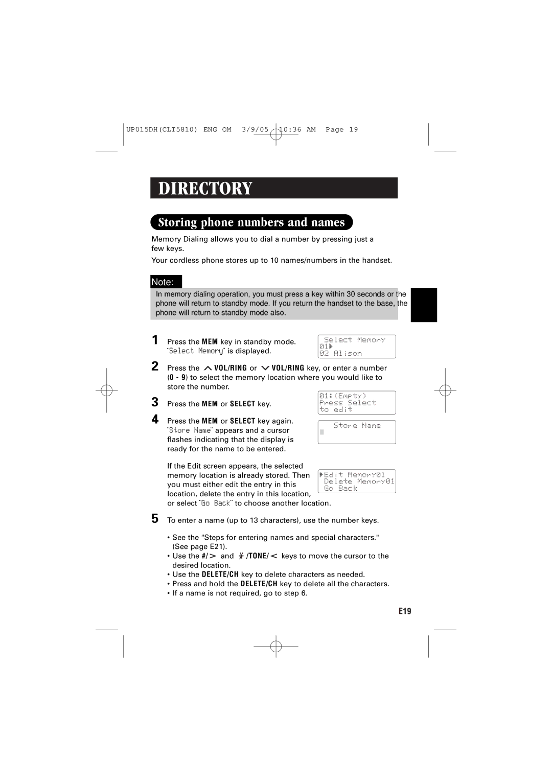 Sanyo CLT-5810 instruction manual Directory, Storing phone numbers and names 