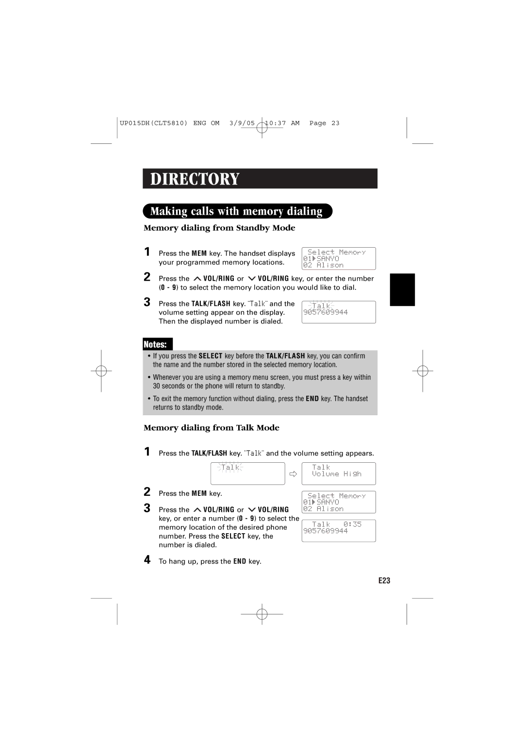 Sanyo CLT-5810 Making calls with memory dialing, Memory dialing from Standby Mode, Memory dialing from Talk Mode 