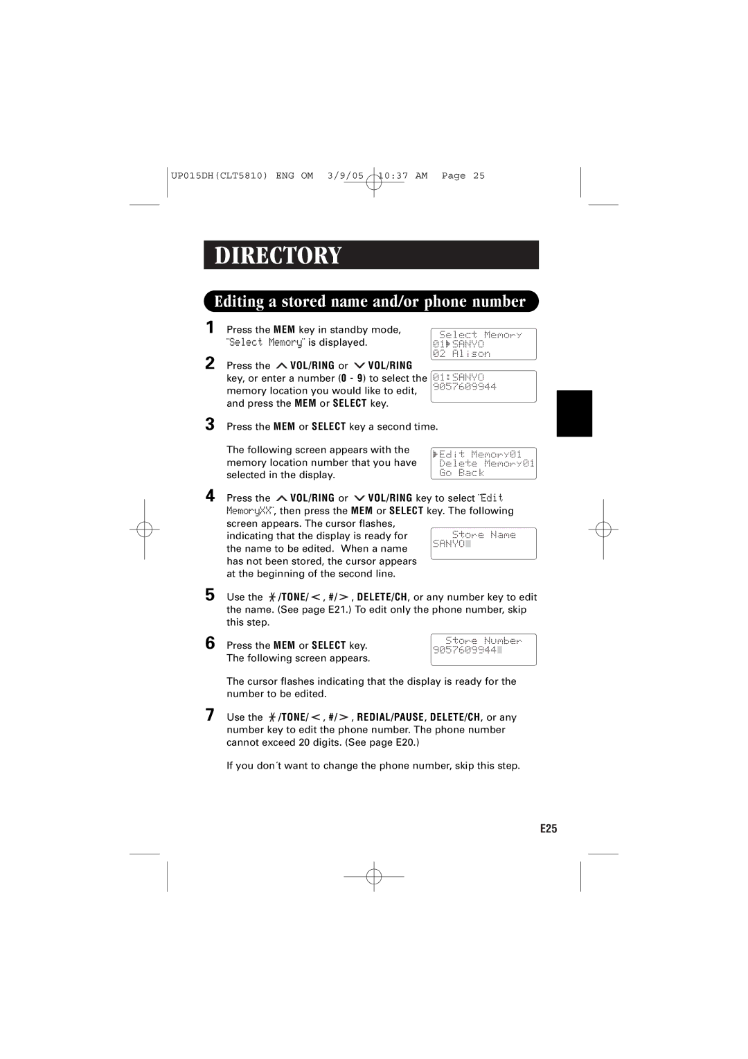 Sanyo CLT-5810 instruction manual Editing a stored name and/or phone number, Vol/Ring 