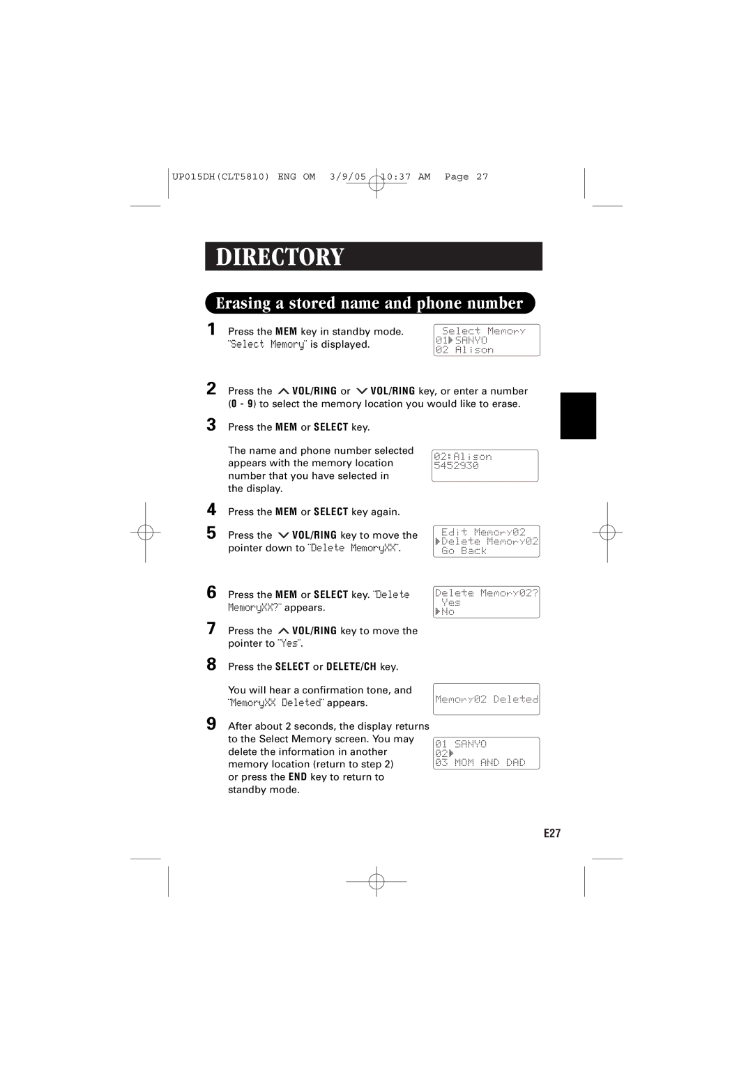 Sanyo CLT-5810 instruction manual Erasing a stored name and phone number, ¨MemoryXX Deleted ¨ appears 