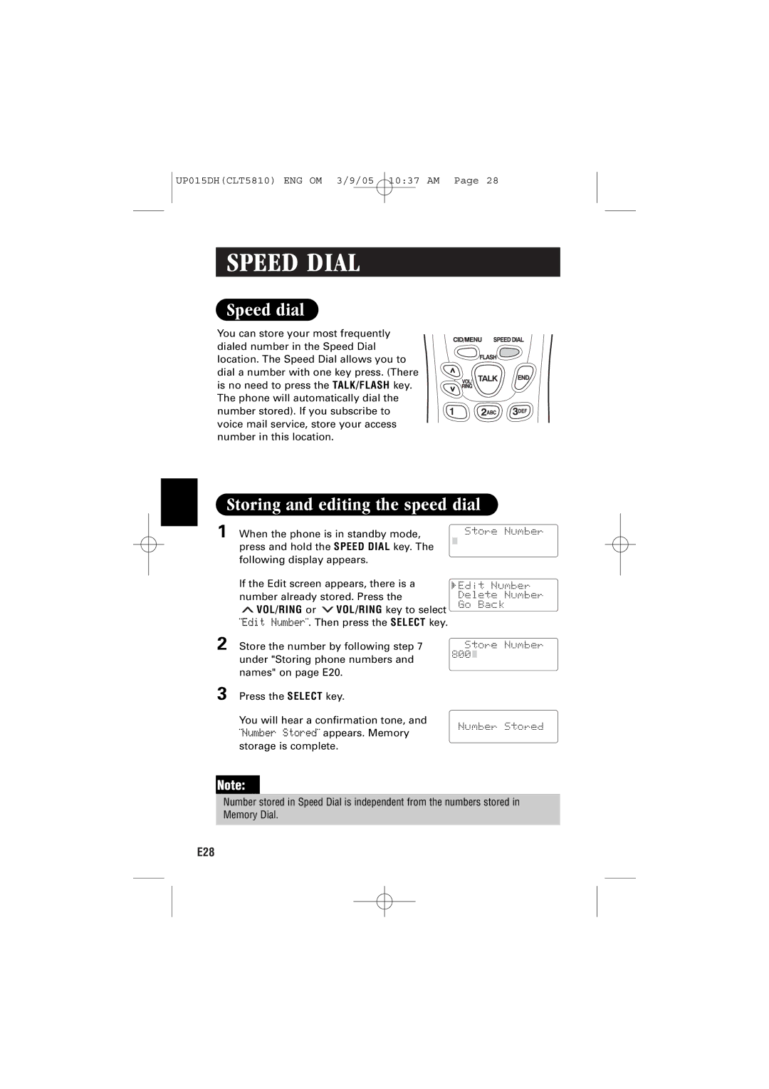 Sanyo CLT-5810 instruction manual Speed Dial, Speed dial, Storing and editing the speed dial 