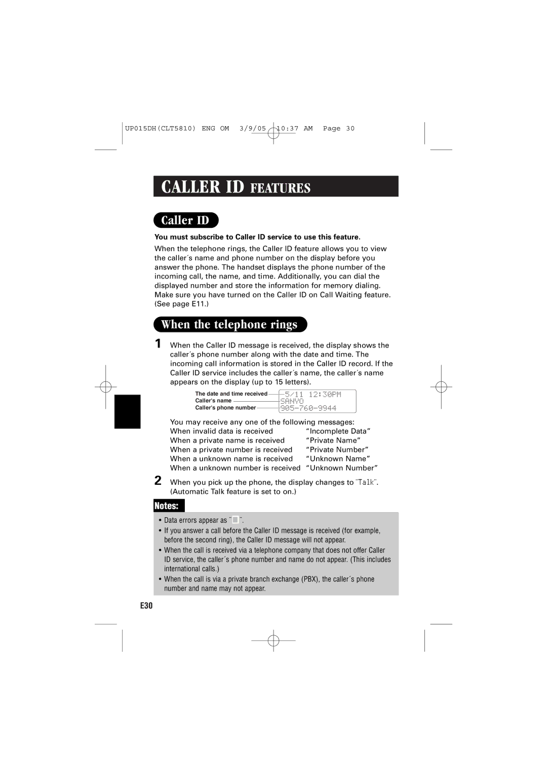 Sanyo CLT-5810 Caller ID Features, When the telephone rings, You must subscribe to Caller ID service to use this feature 